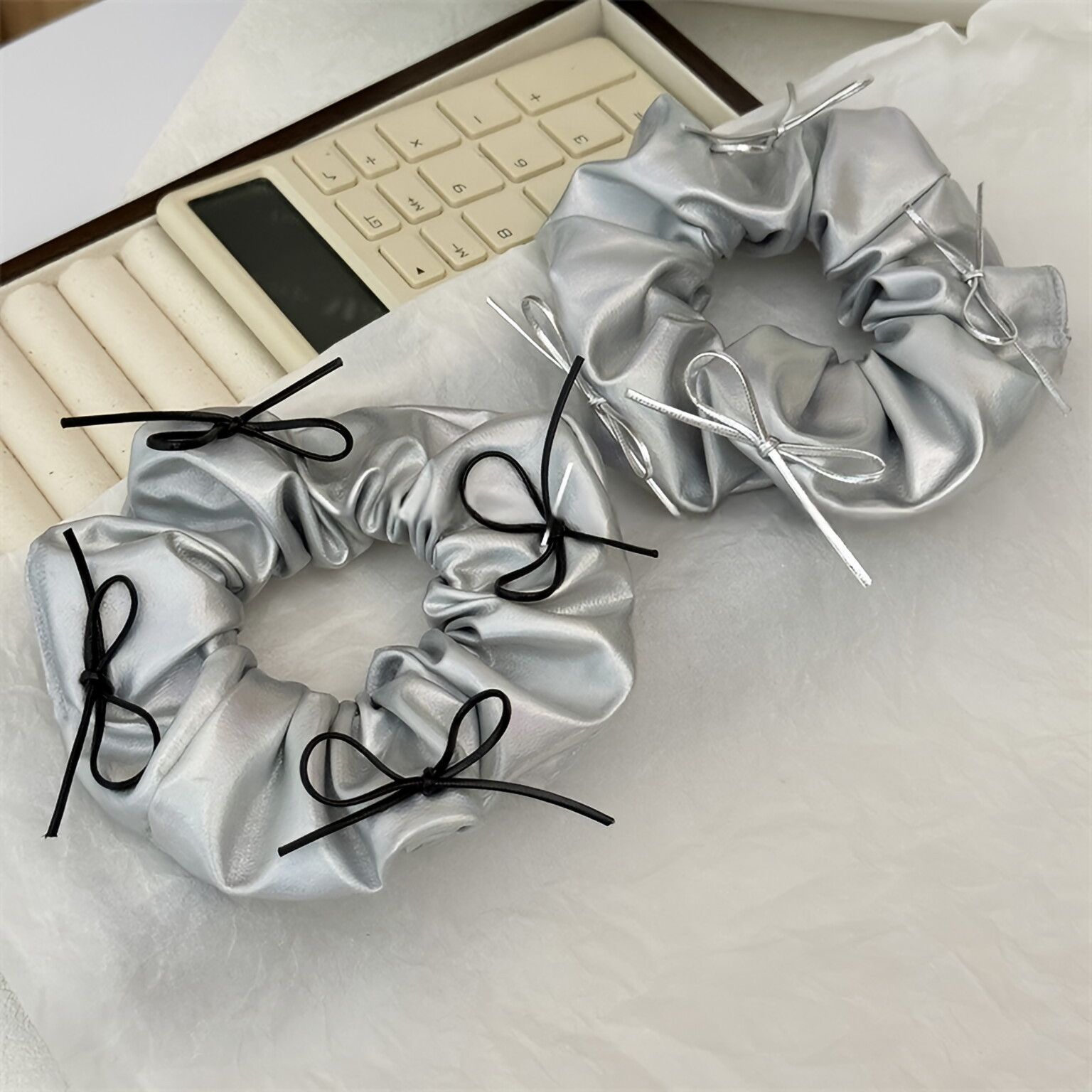 Silver Faux Leather Bow Oversi - Hair Tie Velvet review and price